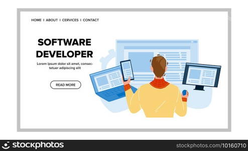Software Developer Coding Digital Program Vector. Young Man Software Developer Working On Laptop And Smartphone, It Development. Character Programmer Freelancer Web Flat Cartoon Illustration. Software Developer Coding Digital Program Vector