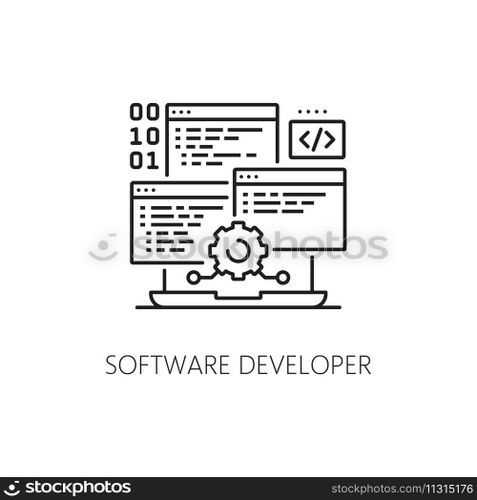 Software developer IT specialist icon, digital engineering or program development technology, line vector. Computer software, mobile app and website framework developer of UI or UX programming. Software developer IT specialist icon, engineering