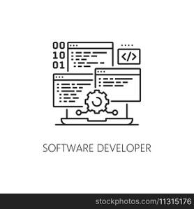 Software developer IT specialist icon, digital engineering or program development technology, line vector. Computer software, mobile app and website framework developer of UI or UX programming. Software developer IT specialist icon, engineering