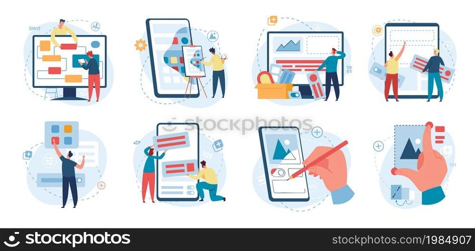 Software developers and programmers at work, coding and programming concept. Professional web designers working on app development vector set. Characters designing interface for different gadgets