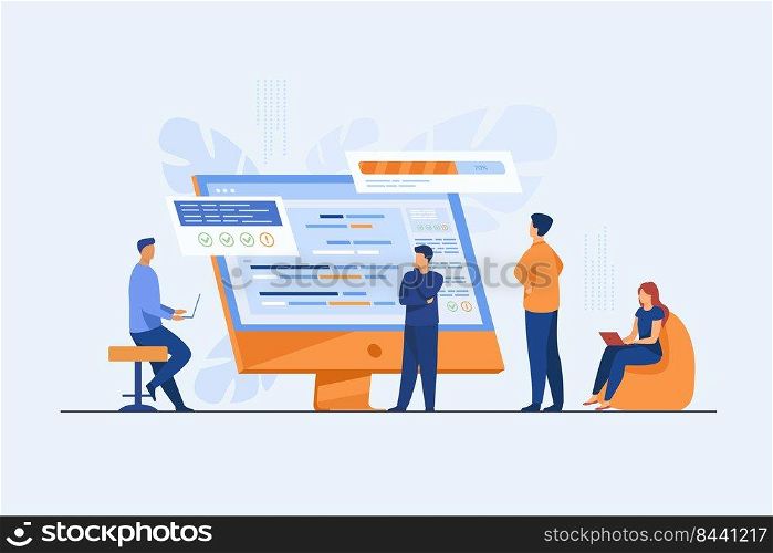 Software developers coding on computer with script. Coding, engineering, interface design flat vector illustration. Programming concept for banner, website design or landing web page