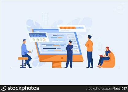 Software developers coding on computer with script. Coding, engineering, interface design flat vector illustration. Programming concept for banner, website design or landing web page