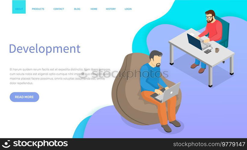 Software developing company team work together coding. Programmers writing code. Software developer office workplace desks. Team lead engineer teaching junior programmer indicates to him an error. Software developing company team work together coding. Programmers writing code sitting in office