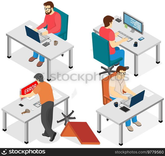 Software developing company team work together coding. Programmers writing code. Software developer office workplace desks. Team lead engineer teaching junior programmer indicates to him an error. Software developing company team work together coding. Programmers writing code sitting in office
