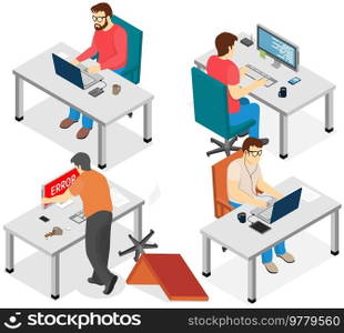 Software developing company team work together coding. Programmers writing code. Software developer office workplace desks. Team lead engineer teaching junior programmer indicates to him an error. Software developing company team work together coding. Programmers writing code sitting in office
