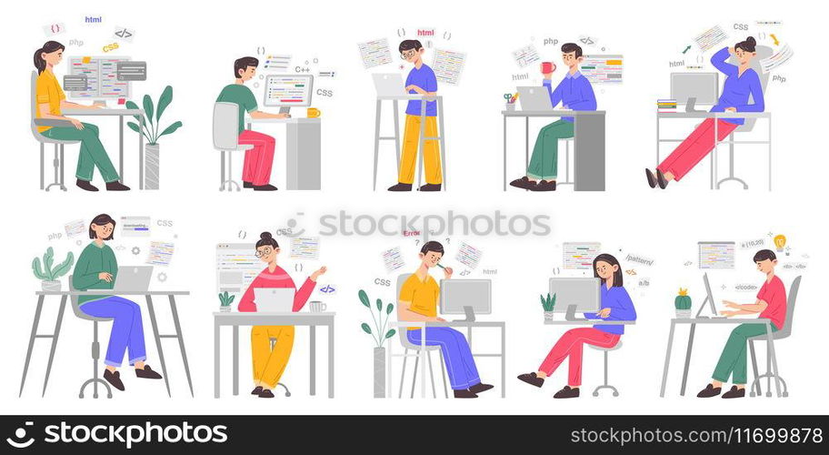 Software developing, website programmers and web designers. Young man writing code on computer vector illustration set. Motion graphic design, software errors. Coding software programmer. Software developing, website programmers and web designers. Young man writing code on computer vector illustration set. Motion graphic design, software errors