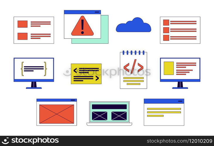 Software development 2D linear cartoon objects set. App programming technology isolated line vector elements white background. Computer engineering color flat spot illustration collection. Software development 2D linear cartoon objects set