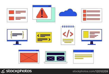 Software development 2D linear cartoon objects set. App programming technology isolated line vector elements white background. Computer engineering color flat spot illustration collection. Software development 2D linear cartoon objects set