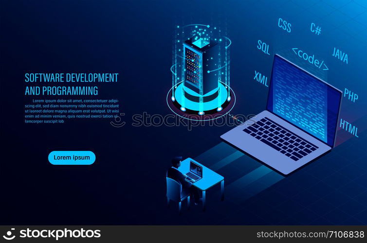 software development and coding. programming of concept. data processing. Computer code with window interface. flat isometric illustration