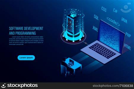 software development and coding. programming of concept. data processing. Computer code with window interface. flat isometric illustration