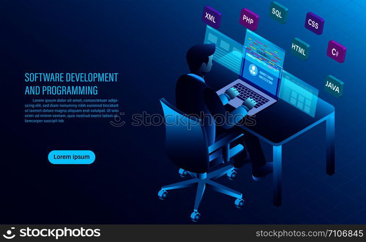 software development and coding. programming of concept. data processing. Computer code with window interface. flat isometric illustration