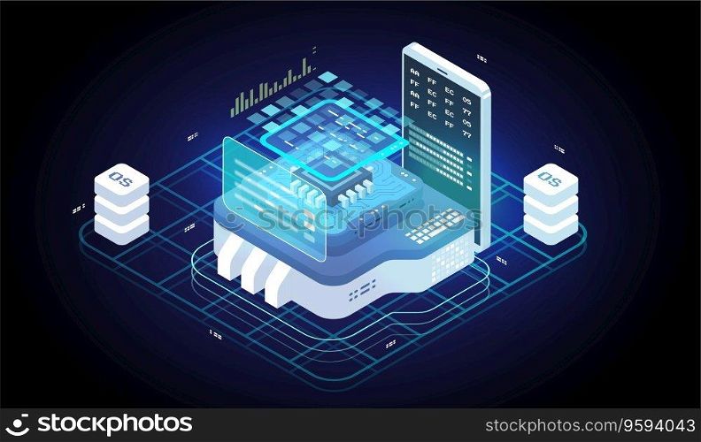 Software development and programming. big data processing computing. isometric tech illustration. Digital Technology Web Banner. Analysis and Information.