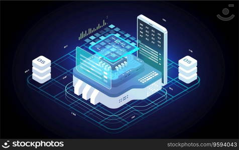 Software development and programming. big data processing computing. isometric tech illustration. Digital Technology Web Banner. Analysis and Information.