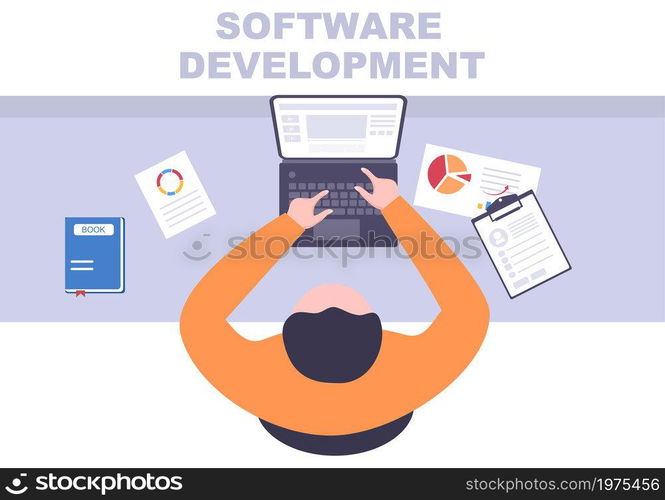 Software Development and Programming Code on Computer Vector Illustration for Technology, Engineer Team, coding, Marketing Material, Business and Presentation