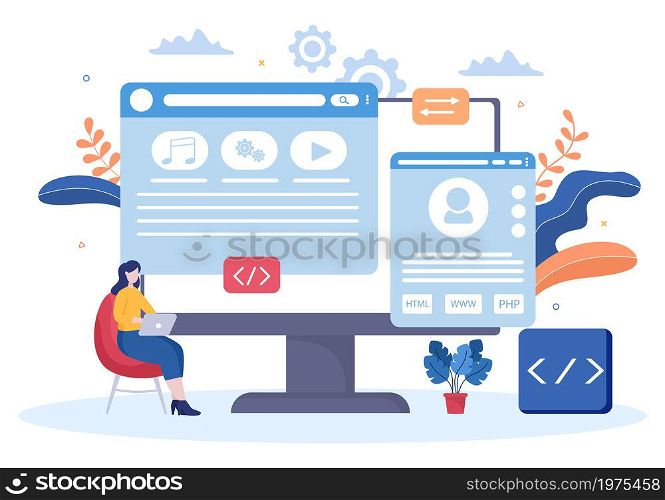 Software Development and Programming Code on Computer Vector Illustration for Technology, Engineer Team, coding, Marketing Material, Business and Presentation