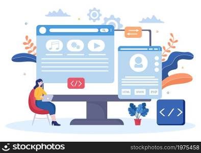 Software Development and Programming Code on Computer Vector Illustration for Technology, Engineer Team, coding, Marketing Material, Business and Presentation
