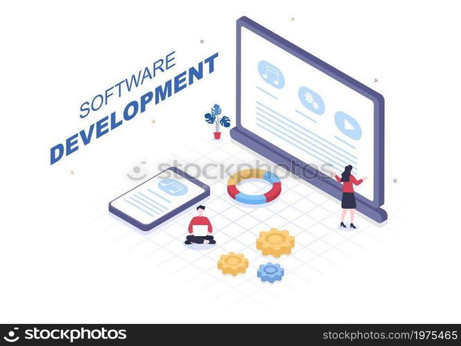 Software Development and Programming Code on Computer Vector Illustration for Technology, Engineer Team, coding, Marketing Material, Business and Presentation