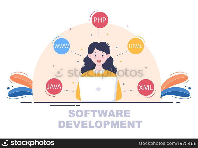Software Development and Programming Code on Computer Vector Illustration for Technology, Engineer Team, coding, Marketing Material, Business and Presentation