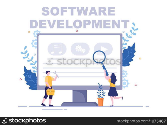 Software Development and Programming Code on Computer Vector Illustration for Technology, Engineer Team, coding, Marketing Material, Business and Presentation