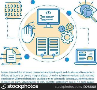 Software development article page vector template. Web programming. Brochure, magazine, booklet design element with linear icons and text boxes. Print design. Concept illustrations with text space