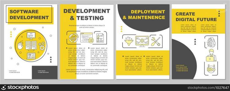 Software development brochure template. Flyer, booklet, leaflet print design, linear illustrations. Testing, maintenance. Vector page layouts for magazines, annual reports, advertising posters