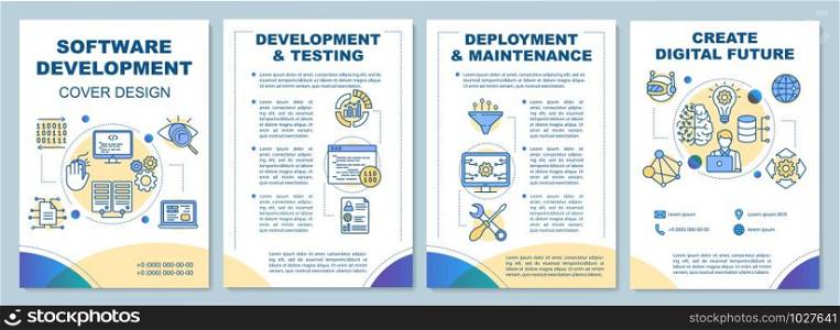 Software development brochure template. Testing, maintenance. Flyer, booklet, leaflet print design, linear illustrations. Vector page layouts for magazines, annual reports, advertising posters