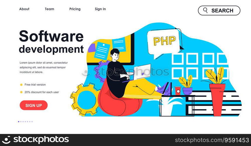 Software development concept for landing page template. Programmer writes programming code. Developer working in office people scene. Vector illustration with flat character design for web banner