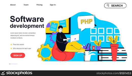 Software development concept for landing page template. Programmer writes programming code. Developer working in office people scene. Vector illustration with flat character design for web banner