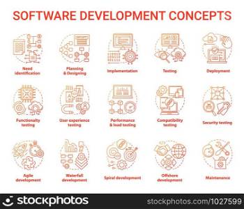 Software development concept icons set. Designing, programming, testing, fixing and maintaining programs. App creation idea thin line illustrations. Vector isolated outline drawings