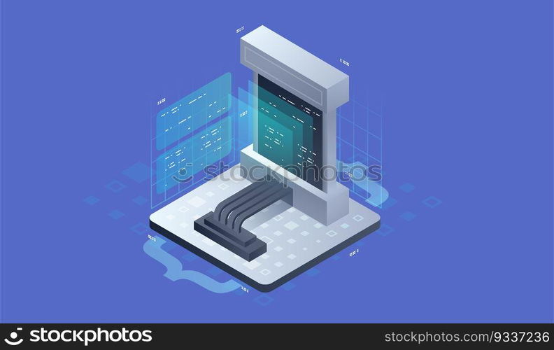 Software development, Concept of programming, data processing. Isometric vector illustration.