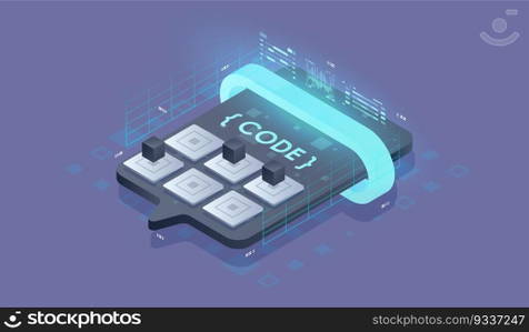 Software development, Concept of programming, data processing. Isometric vector illustration.