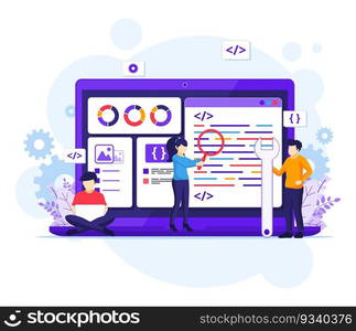 Software Development concept, People work on a giant laptop programming and coding flat vector illustration