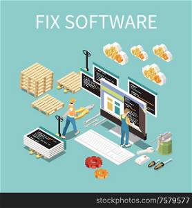 Software development concept with fix and support symbols isometric vector illustration