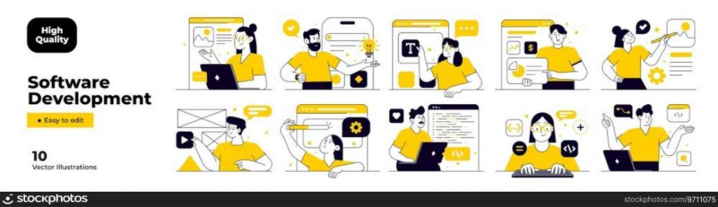 Software Development illustrations. Mega set. Collection of scenes with men and women involved in software or web development. Vector Illustration