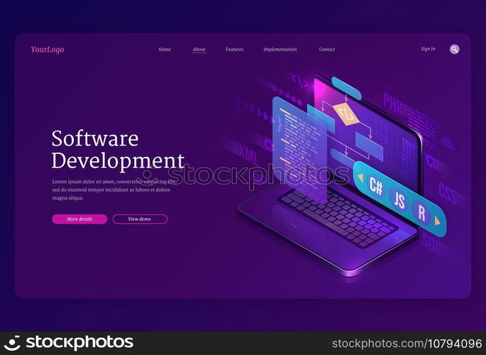 Software development isometric landing page. Website or program coding cross platform, algorithm programming languages interface on computer screen, technology process, app creation 3d vector banner. Software development, coding isometric landing