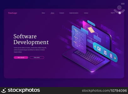 Software development isometric landing page. Website or program coding cross platform, algorithm programming languages interface on computer screen, technology process, app creation 3d vector banner. Software development, coding isometric landing