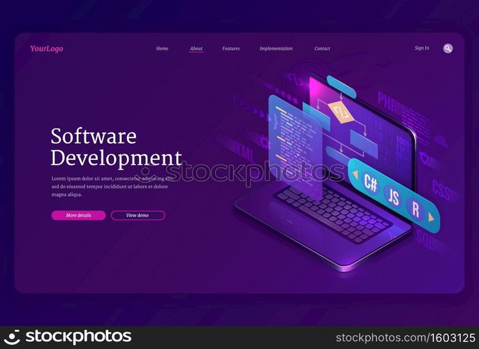 Software development isometric landing page. Website or program coding cross platform, algorithm programming languages interface on computer screen, technology process, app creation 3d vector banner. Software development, coding isometric landing