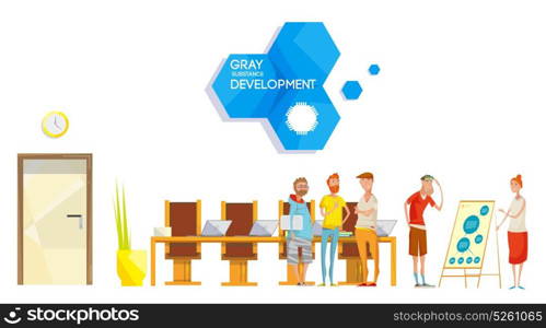 Software Development Meeting Composition. Flat composition with software engineering company project meeting in office with employee characters and corporate logo vector illustration