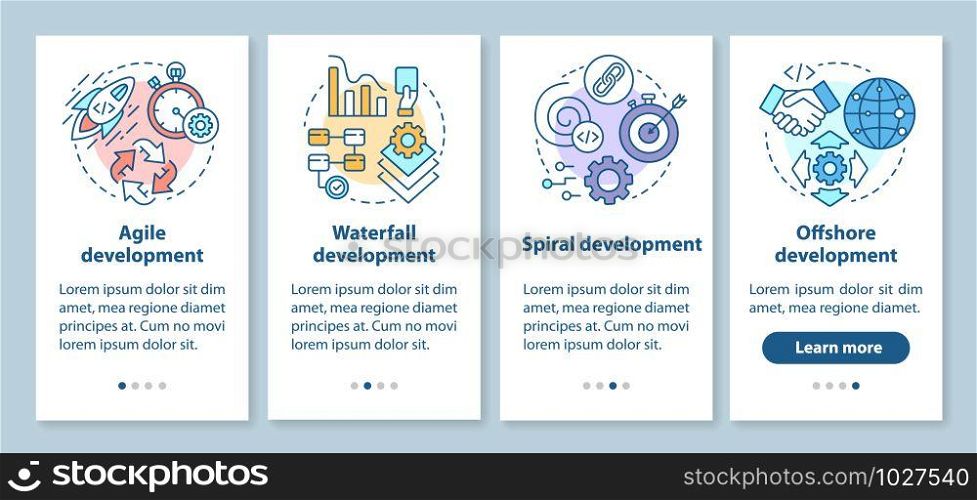 Software development methodologies onboarding mobile app page screen with linear concepts. Programming process walkthrough steps graphic instructions. UX, UI, GUI vector template with illustrations