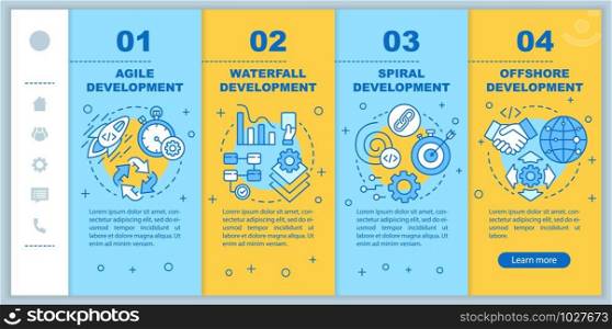 Software development methodologies onboarding mobile web pages vector template. Responsive smartphone website interface idea with linear illustrations. Webpage walkthrough step screens. Color concept