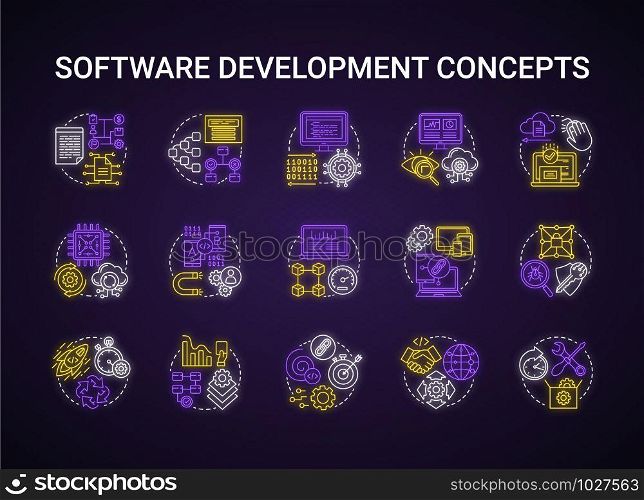 Software development neon light concept icons set. Designing, programming, testing, fixing and maintaining programs. App creation idea. Glowing vector isolated illustration