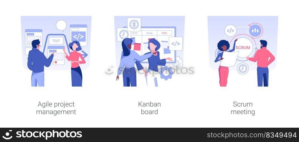 Software development planning isolated concept vector illustration set. Agile project management, kanban board, stand up scrum meeting in office, manage IT project, teamwork vector cartoon.. Software development planning isolated concept vector illustrations.