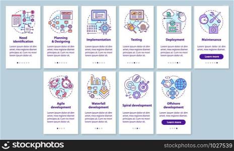 Software development stages and methodologies onboarding mobile app page screen set with linear concepts. Walkthrough steps graphic instructions. UX, UI, GUI vector template with illustrations