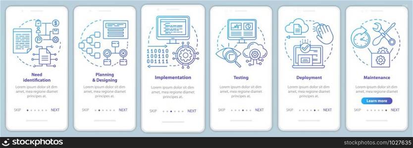Software development stages onboarding mobile app page screen vector template. Computer program creation. Walkthrough website steps with linear illustrations. UX, UI, GUI smartphone interface concept