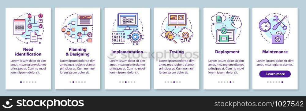 Software development stages onboarding mobile app page screen with linear concepts. Computer program creation walkthrough steps graphic instructions. UX, UI, GUI vector template with illustrations