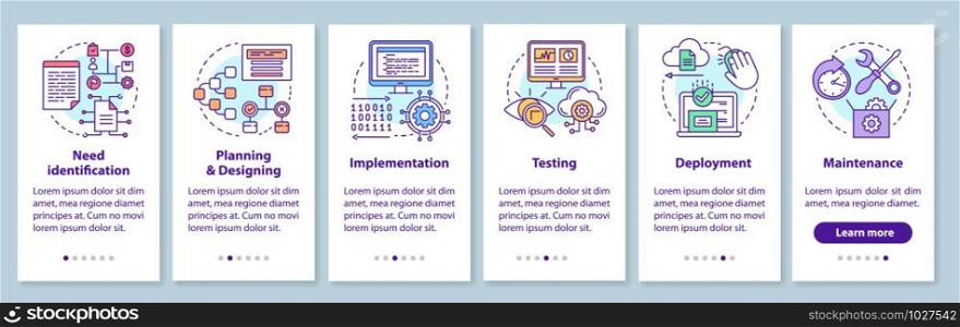 Software development stages onboarding mobile app page screen with linear concepts. Computer program creation walkthrough steps graphic instructions. UX, UI, GUI vector template with illustrations