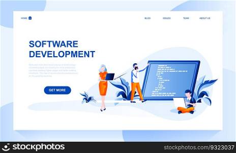 Software development vector landing page template with header. Application coding, programming web banner, homepage with flat illustrations. Website optimization webpage design layout. Software development vector landing page template with header. Application coding, programming web banner, homepage with flat illustrations
