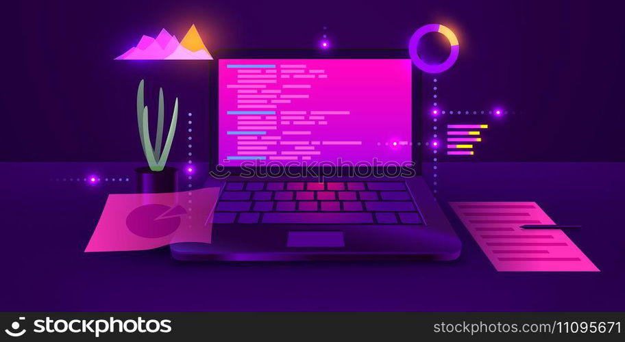 Software development, web coding on laptop. Programming concept. Website design, coding. Remote work in home. Vector illustration. Software development, web coding on laptop. Programming concept. Website design, coding. Remote work in home.