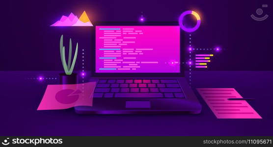 Software development, web coding on laptop. Programming concept. Website design, coding. Remote work in home. Vector illustration. Software development, web coding on laptop. Programming concept. Website design, coding. Remote work in home.