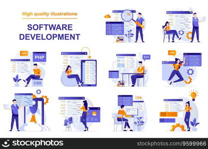 Software development web concept with people scenes set in flat style. Bundle of backend development, programming, working with abstract code and scripts. Vector illustration with character design